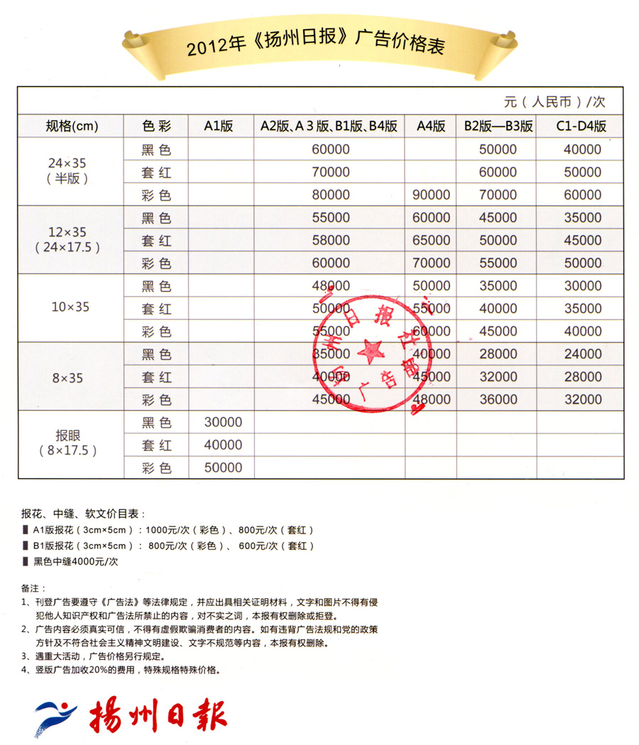 扬州日报2012年最新广告刊例